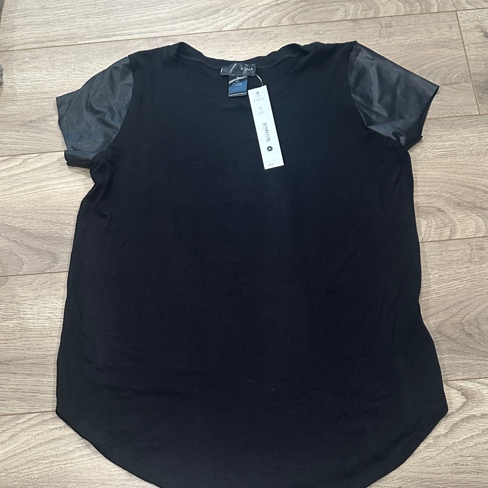 NWT Aqua Black Top with Sheer Sleeves